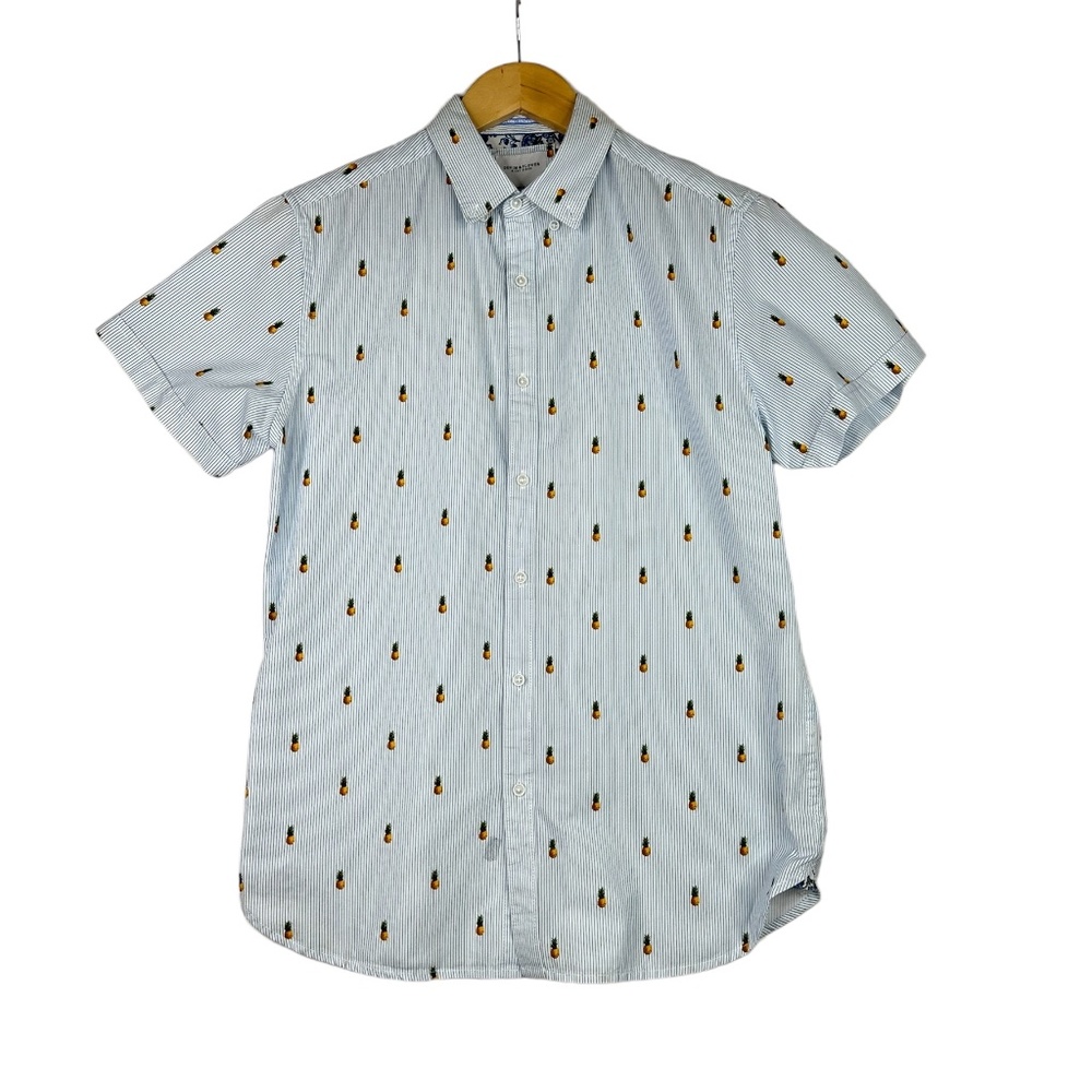 Denim & Flower Shirt Mens Blue Thin Striped Pineapple Print Button-Up Size Small